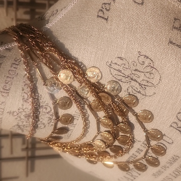 Vintage Multi Row Coins Chains Necklace Gold Tone Adjustable Length - Picture 2 of 6